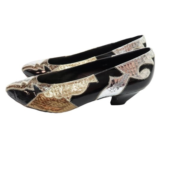 Vintage 60s 70s ROSINA FERRAGAMO SCHIAVONE 8M Snakes Skin Gold Silver Heels Shoe - Picture 4 of 11